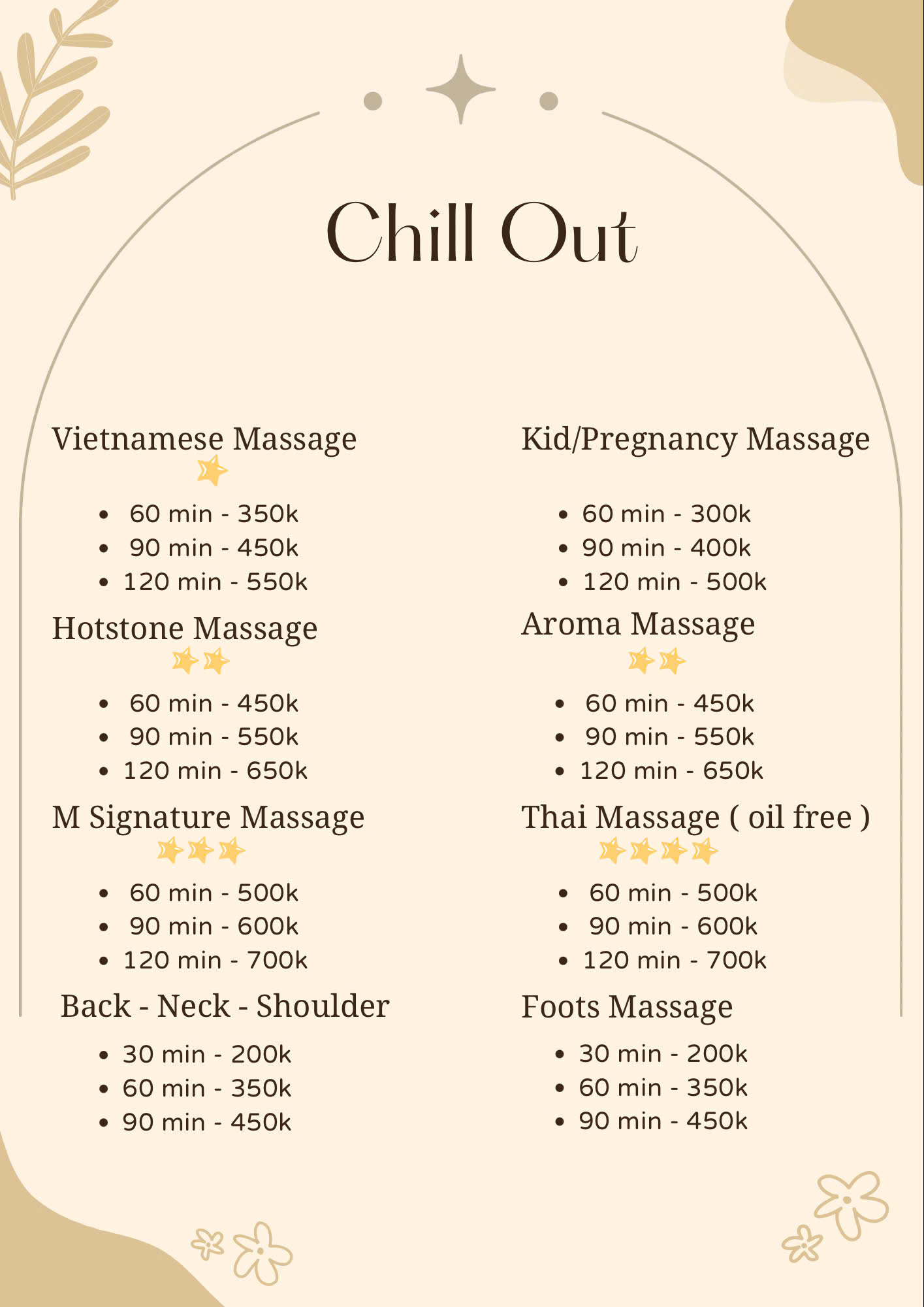 Price menu for body massage and spa treatments at M Spa Hoi An